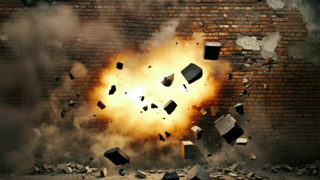 Explosion and Debris Burst from an Old Brick Wall in a Dramatic Scene of Destruction and Chaos 4k video footage