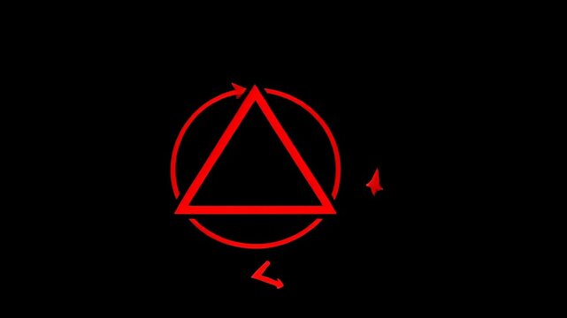 Abstract design featuring a red triangular symbol within a circular outline on a black background