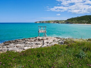 Trabucco, traditional wooden structure used for fishing in Southern Italy, at Spiagga Procinisco. Peschici, Puglia, Italy.