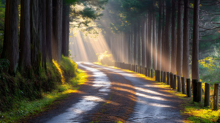 Obraz premium Sunlit Path Through a Misty Forest Road