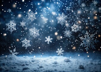 Fototapeta premium Aerial View of Winter Snow Falling on Black Background - Stunning Snowflakes