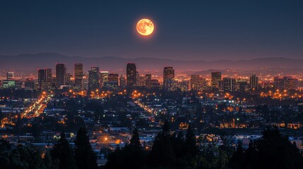 Obraz premium Cityscape at night with a supermoon