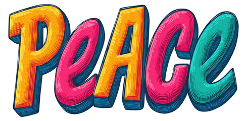 Peace word art with bright colors displaying a positive message for harmony and tranquility isolated on transparent background.