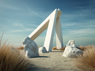 White triangular installation with rock elements in sandy desert setting