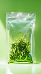 Fresh green tea leaves inside a clear sealed plastic bag on a bright green background with natural lighting and minimal shadows for health and wellness concepts