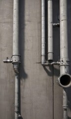 Rough textured concrete, metallic pipes & equipment  , machinery, grey background, industrial pipe