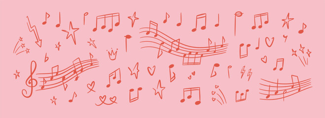 Romantic pink pastel music background. Hand drawn doodle notes and love music song tune. Wedding, bachelorette party, Valentines day, girly birthday coquette sketch design. Whimsical drawing