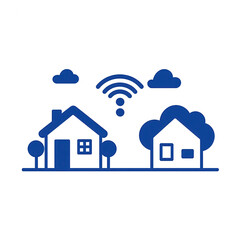 Illustration of two houses with wifi signals, surrounded by clouds and trees, representing smart home technology and connectivity.