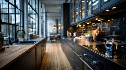 Modern kitchen interior featuring sleek black cabinets and warm wooden floor with clean minimalist design, natural ambient lighting, and soft focus background for elegant contemporary home atmosphere