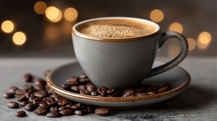 Fototapeta premium Warm coffee cup amidst roasted beans