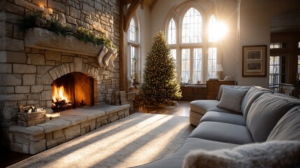 Warm inviting living room with Christmas tree