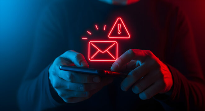 Person Holds Phone Displaying Glowing Email Alert with Red Exclamation Point on Dark Blue and Red Lit Background