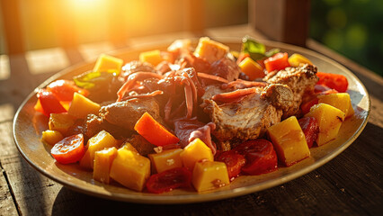 Delicious plate of roasted meat with fresh vegetables illuminated by warm sunlight outdoors