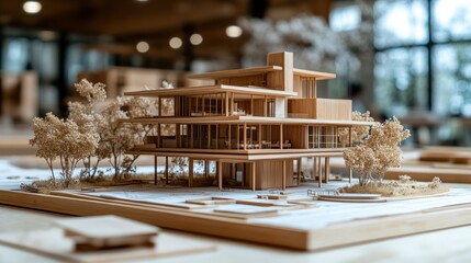 Detailed wooden architectural model of a modern house