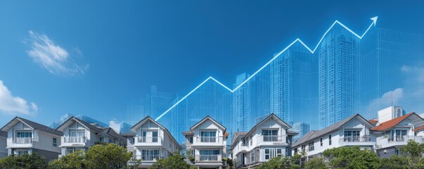 A row of modern houses with a city skyline and an upward graph, representing real estate growth and urban development.