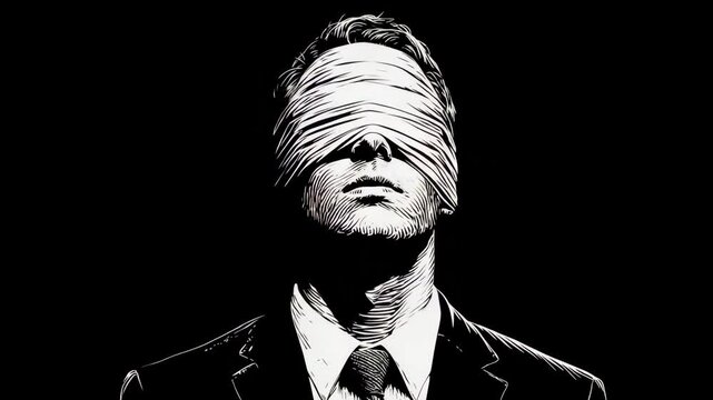 Blindfolded Man in Suit Looking Up