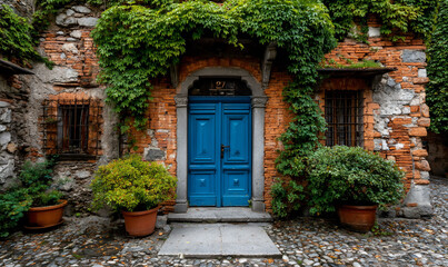 Verdant doorway in rustic Italian village