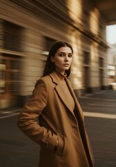 Obraz premium Stylish Woman in Brown Coat Walking in City Architecture. Elegant Fashion Portrait.