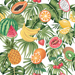 Cherry, strawberry, pineapple, guava, kiwi, orange, banana, watermelon, lemon, papaya, palm leaves seamless pattern.. Summer tropical floral exotic print.
