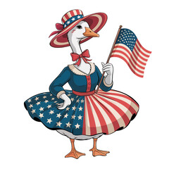 A goose dressed in patriotic attire holds an American flag, showcasing a dress and hat adorned with stars and stripes.