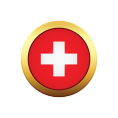 This is a web illustration of a round button icon showing the Switzerland flag with its red color and white cross symbol, often associated with medical aid and emergency services