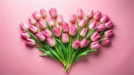 Obraz premium A Delicate Arrangement of Pink Tulips Forming a Heart Shape on a Pale Pink Background