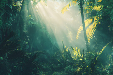 Naklejka premium Sunbeams Illuminate Lush Green Rainforest Jungle