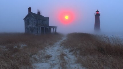 Coastal house and lighthouse at sunrise