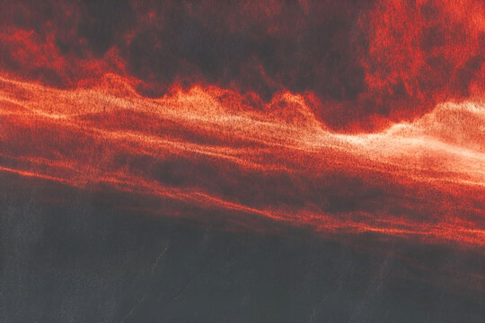 Abstract impressionist artwork depicting intense red hues and gradiated blackish darkness.