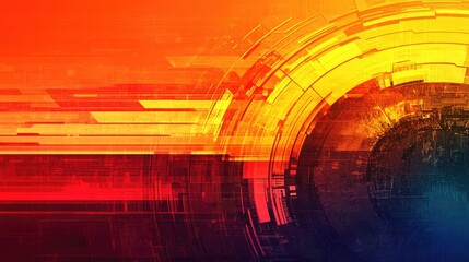 Abstract background with layered shapes in warm hues and digital textures, creating dynamic visuals