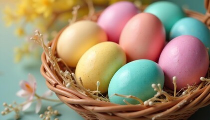 Naklejka premium Close-up of vibrant pastel Easter eggs in a basket, showcasing a variety of colors , holiday, light colors