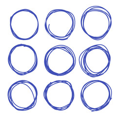 Collection of hand-drawn blue circle scribbles