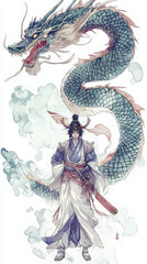 Fototapeta premium Warrior and Dragon Watercolor Illustration. A detailed watercolor illustration featuring a warrior and a majestic dragon in an East Asian style, perfect for t-shirt designs.