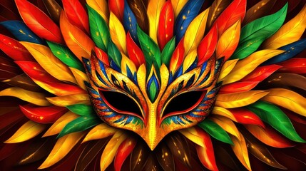 Vibrant mask art features bright feathers around it against a deep red background