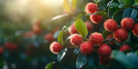 Obraz premium Vibrant Red Fruits on Lush Green Foliage in Soft Natural Light