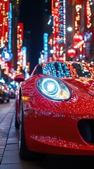 Red sports car in city lights at night