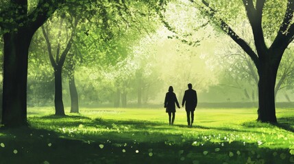 A couple walking through a green park in spring 