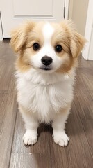 A cute puppy with fluffy, white and beige fur stands indoors on a wooden floor, staring ahead