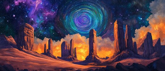 A painting of a desert landscape with a large spiral in the sky