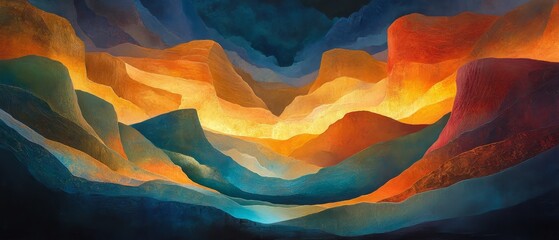 A painting of mountains with a blue sky in the background