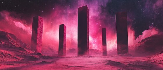 A pink and purple sky with a bunch of tall buildings