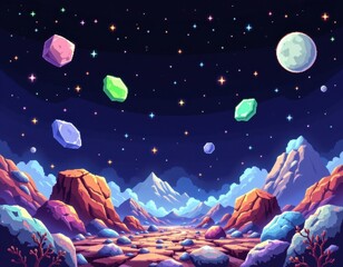 Obraz premium a pixel art depiction of floating space stones amidst a starry background with a retro gaming vibe.