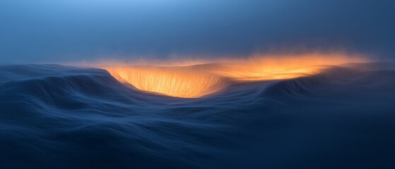 A large body of water with a bright orange glow in the distance