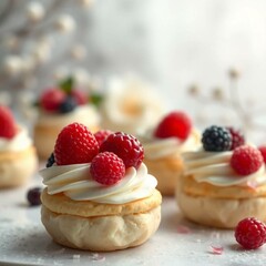 Gluten-free bite-sized choux cream filled with vanilla cream and topped with various fresh berries