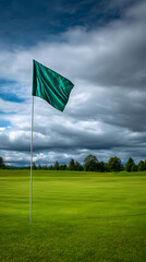 Green flag waving on a golf course, surrounded by lush grass and trees, under a dramatic sky filled with clouds, representing the spirit of outdoor sports and leisure activities