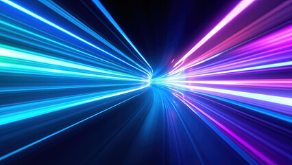 Abstract digital background featuring vibrant blue and purple glowing light trails in motion