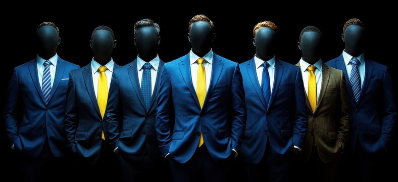Group of Businessmen in Suits with Masks Lacking Facial Features, Symbolizing Anonymity and Team Dynamics in Corporate Environment