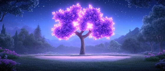 Purple glowing tree in a dreamy landscape at night