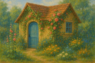A picturesque garden scene featuring a quaint yellow cottage with a blue door and window, adorned with climbing roses and vibrant flowers.