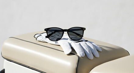 Stylish black sunglasses resting on a pair of white golf gloves atop a beige golf cart seat, showcasing luxury accessories for a day on the golf course